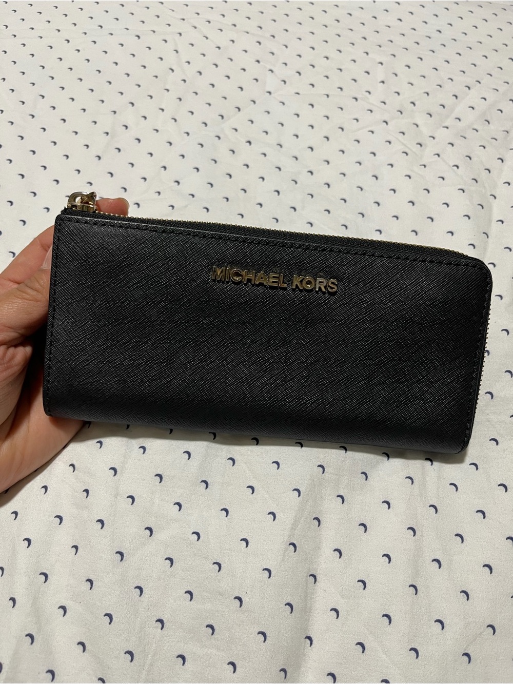 Michael Kors Black Saffiano Zip Around Wallet with Gold Logo